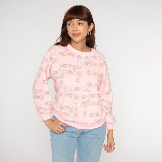 90s Julie Girl Pink Geometric Sweatshirt Crew Neck Abstract Pattern Small