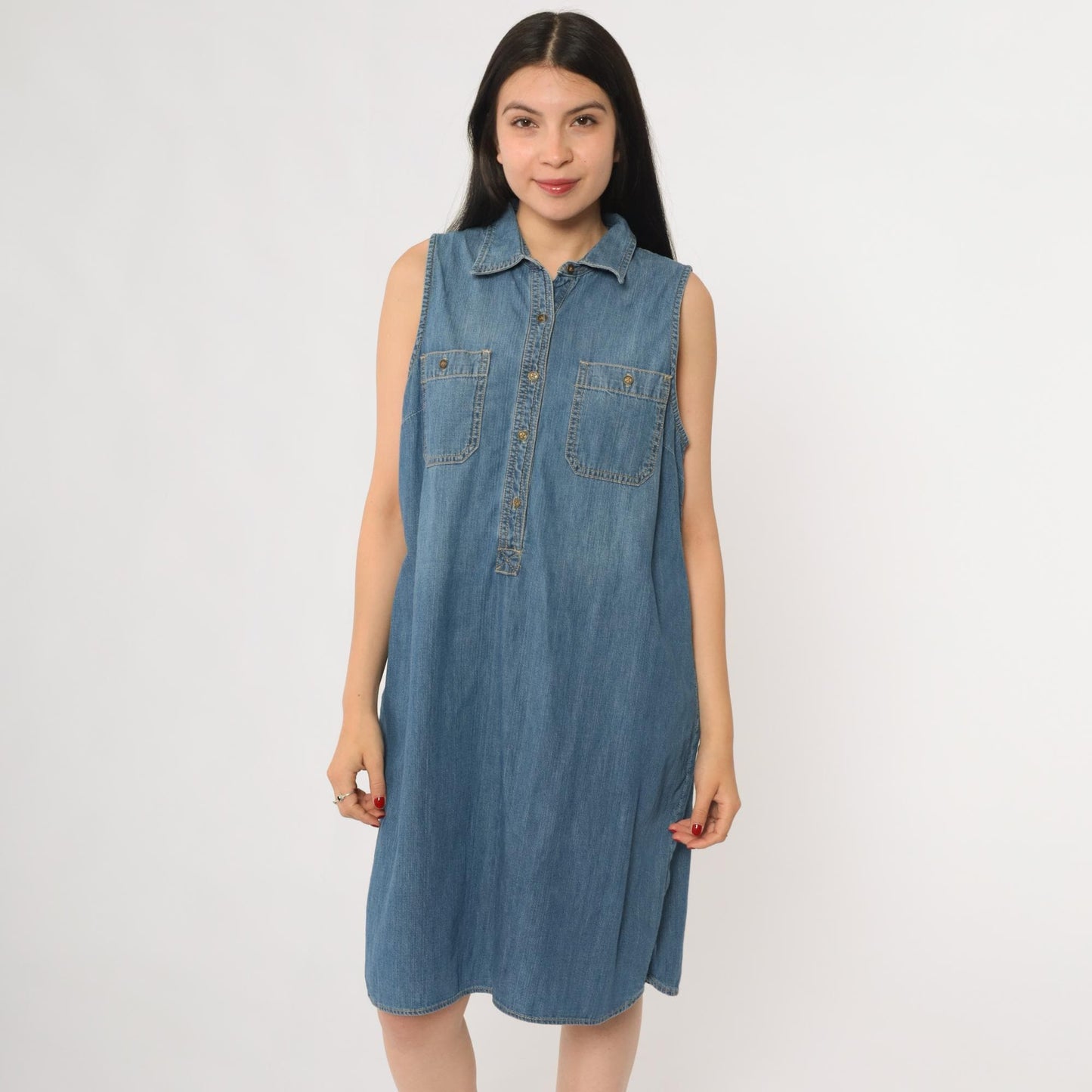 Y2K Chaps Denim Sleeveless Shirt Dress Blue Medium Wash Collar Extra Large XL