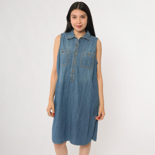 Y2K Chaps Denim Sleeveless Shirt Dress Blue Medium Wash Collar Extra Large XL