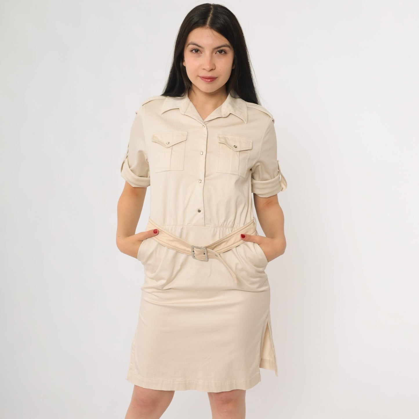 90s Safari Shirt Dress Beige Belted Utility Pockets Collared Midi Petite 8