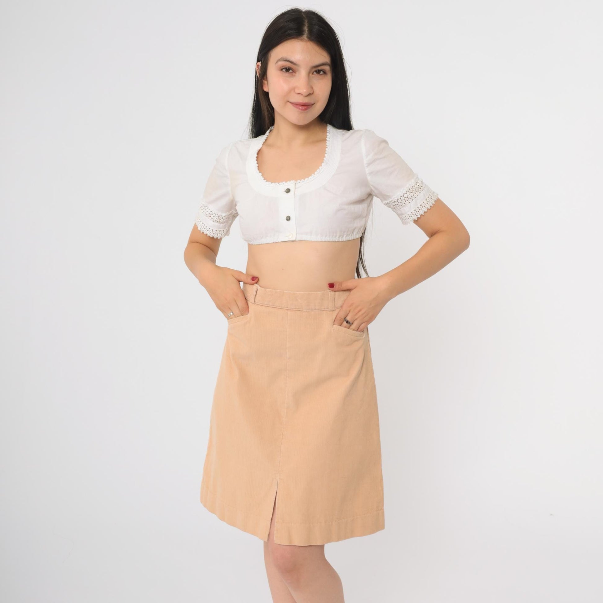 80s Tan Corduroy A-Line Skirt High Waisted Mini Front Slit Small S