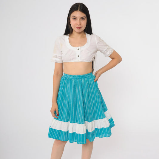 80s Kate Schorer Turquoise Striped Tiered Prairie Skirt Cotton Small