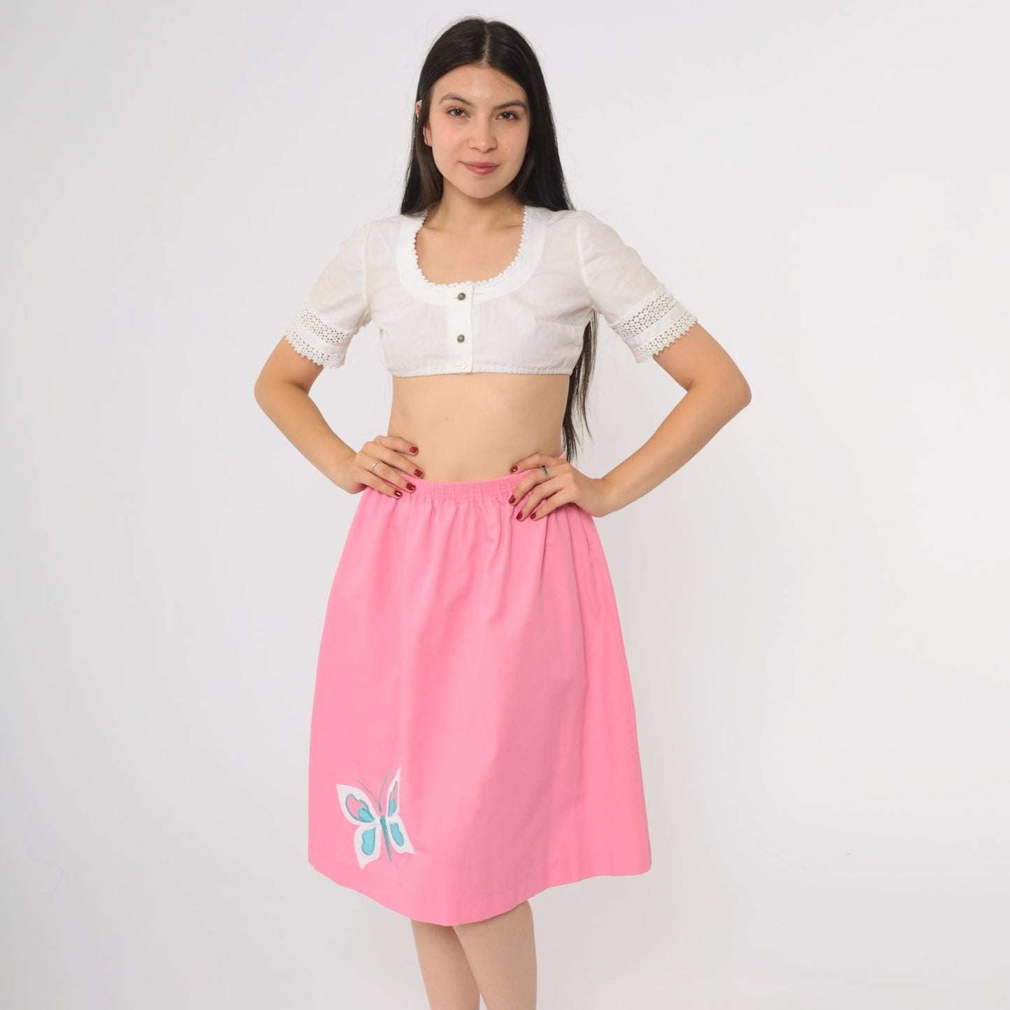 80s Hot Pink Butterfly Applique A-Line Midi Skirt Elastic Waist Large