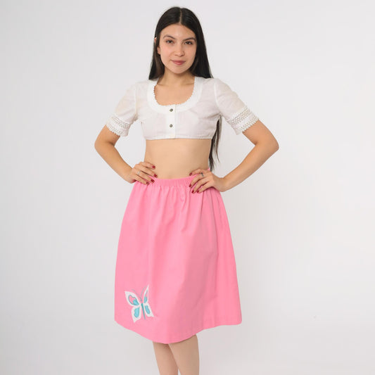 80s Hot Pink Butterfly Applique A-Line Midi Skirt Elastic Waist Large