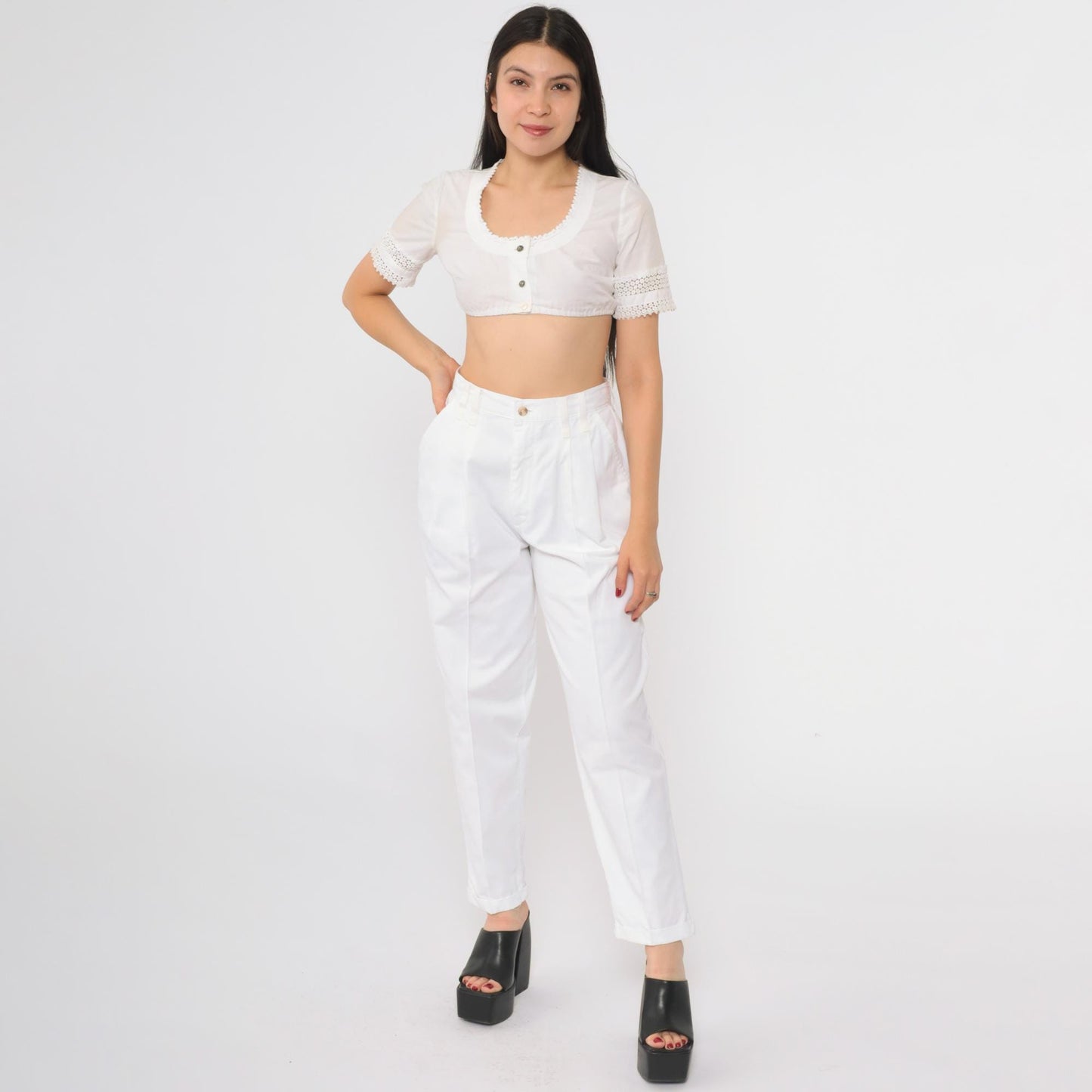 90s Chic White Cotton High-Waisted Straight Leg Trousers Petite 10