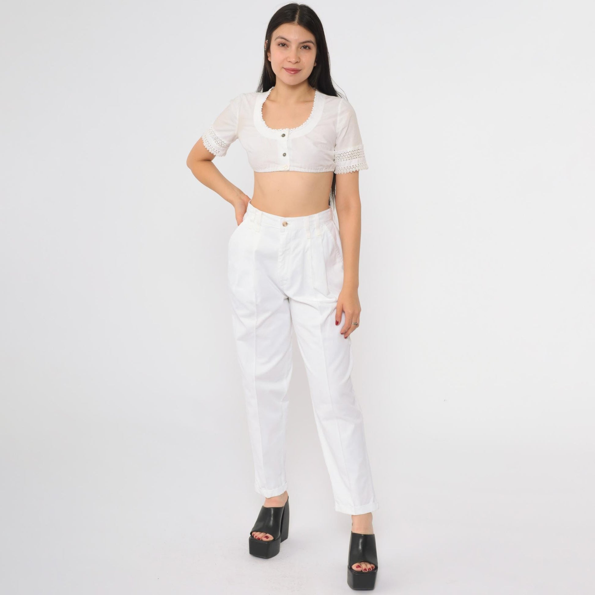 90s Chic White Cotton High-Waisted Straight Leg Trousers Petite 10