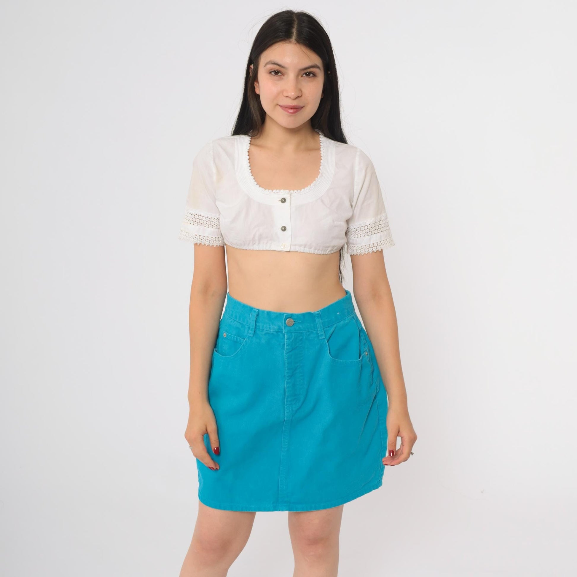 90s Steel Jeans Turquoise Denim Mini Skirt High Waisted A-Line Size 13