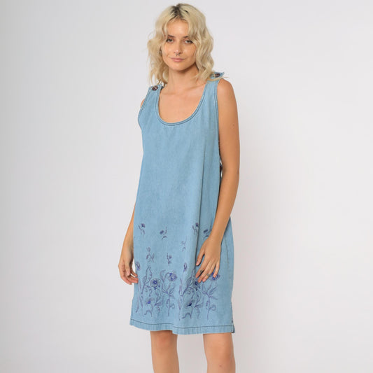 90s Monique Fashions Denim Jumper Dress Light Blue Floral Embroidered Midi Medium