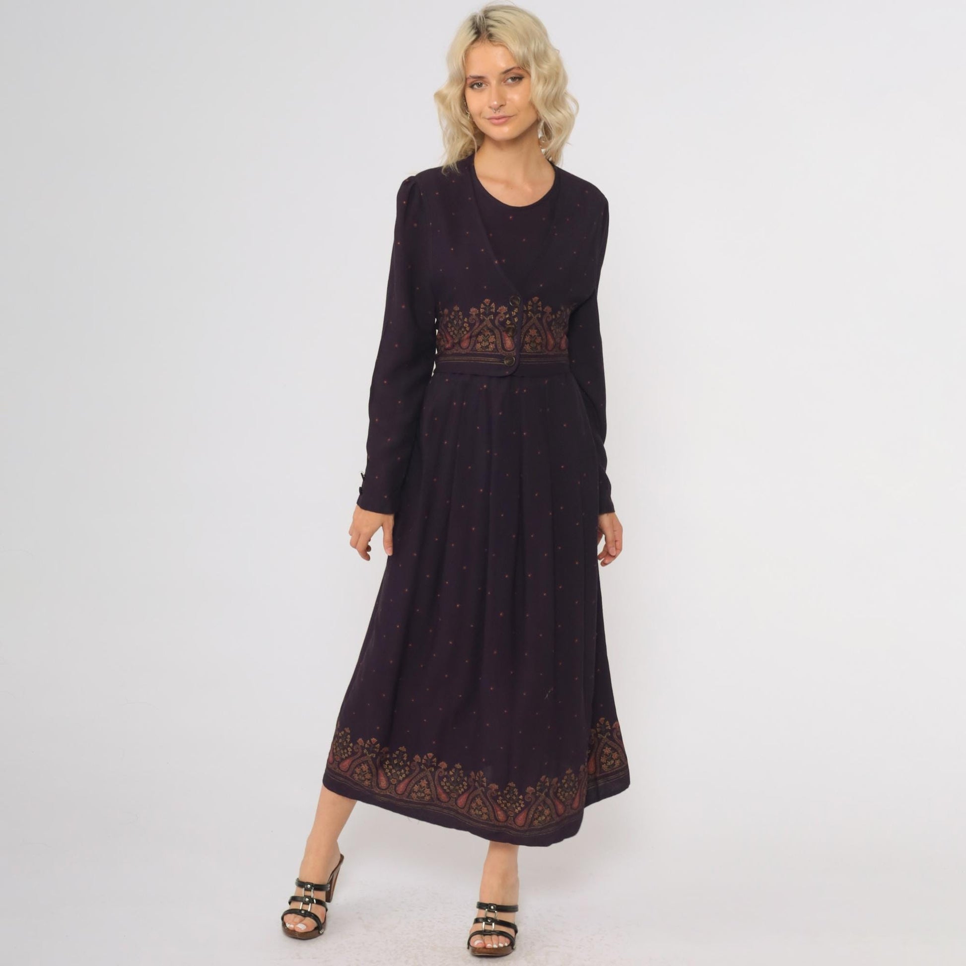 90s Dark Purple Maxi Dress Attached Vest Long Sleeve Paisley Border Small