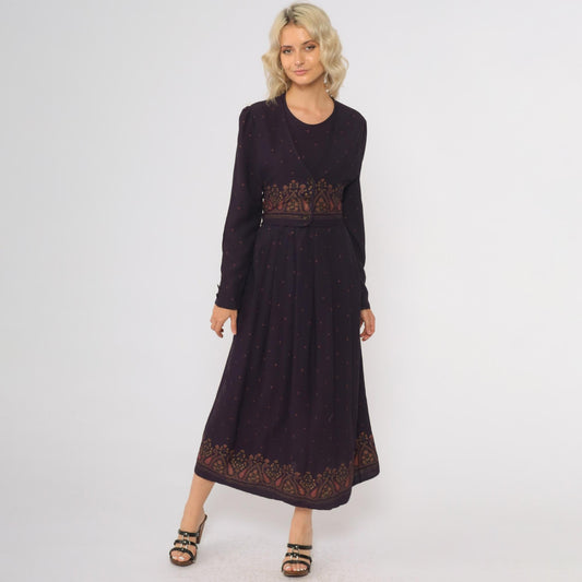 90s Dark Purple Maxi Dress Attached Vest Long Sleeve Paisley Border Small