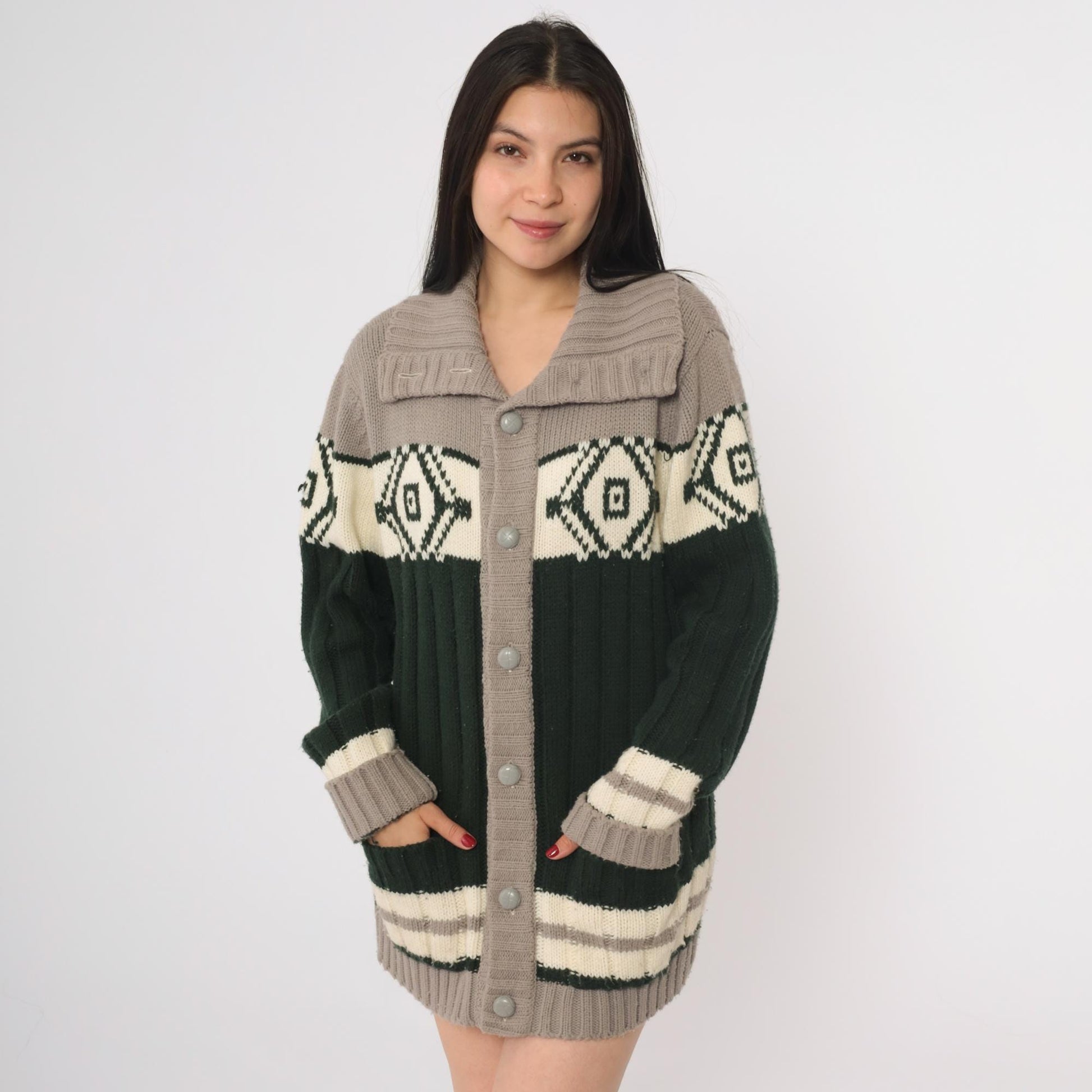 70s Sigallo Cardigan Sweater Taupe Green Diamond Shawl Collar Large L