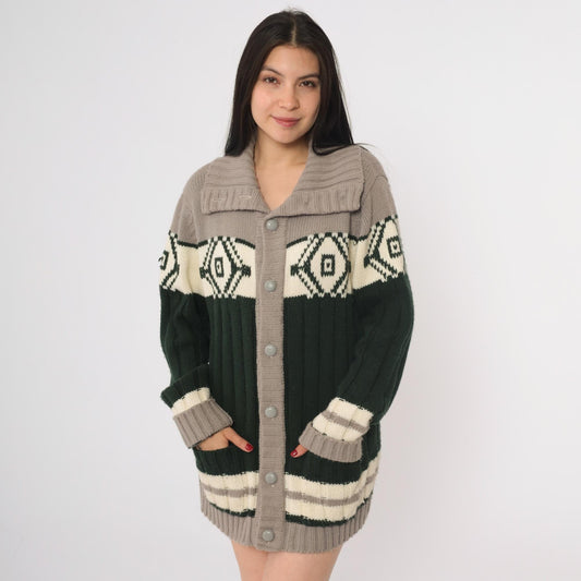 70s Sigallo Cardigan Sweater Taupe Green Diamond Shawl Collar Large L