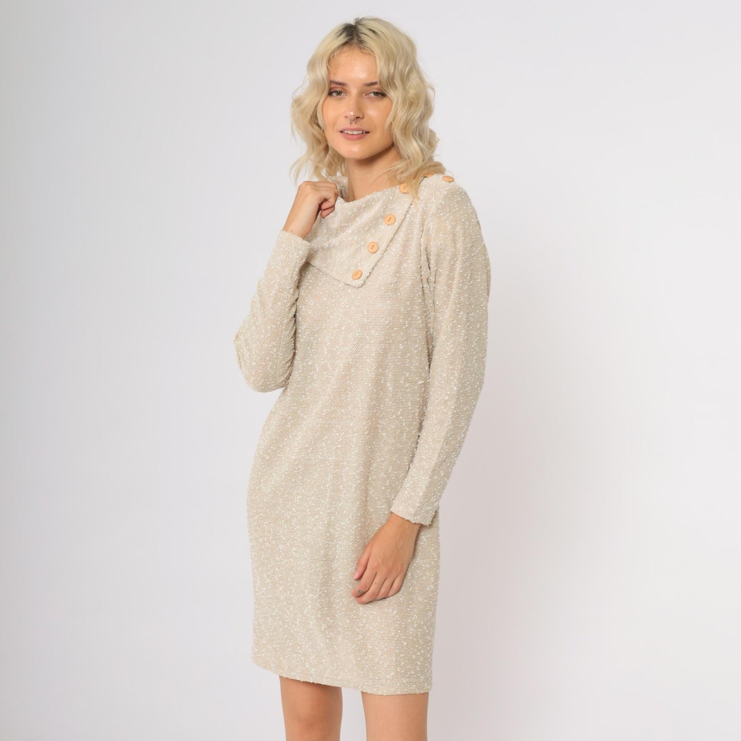 80s Beige Knit Shift Dress Asymmetrical Collar Long Sleeve Knee Length Medium M