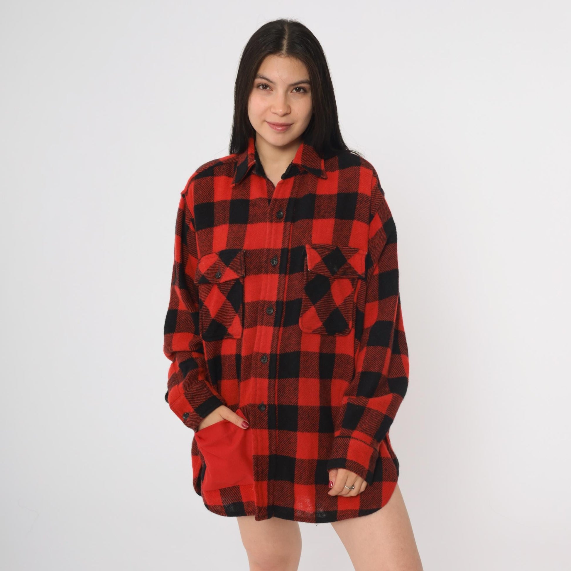 70s Brother Outerwear Buffalo Plaid Flannel Shirt Red Black Mens Large