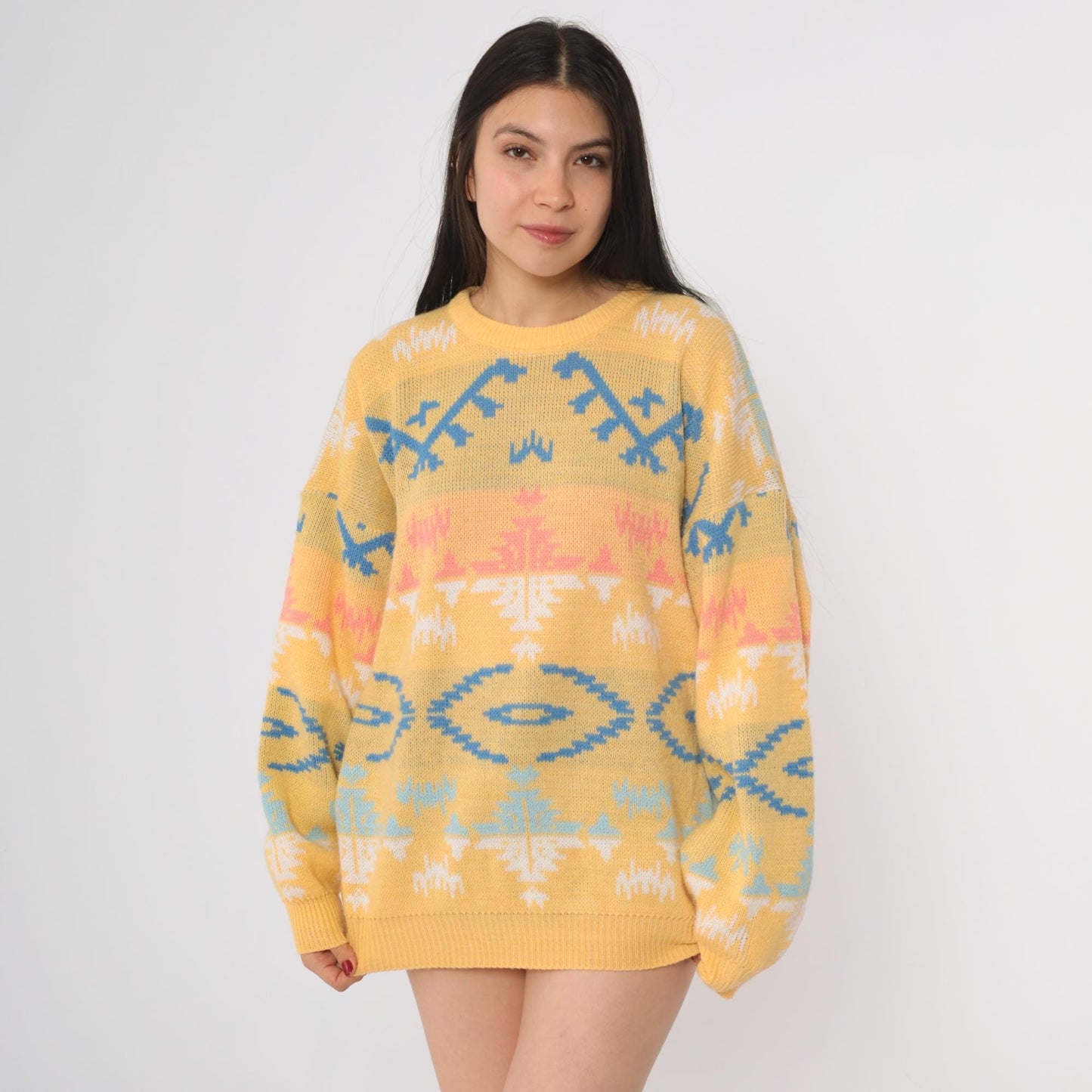 90s Joan Harper Geometric Tribal Sweater Yellow Blue Pink Large L
