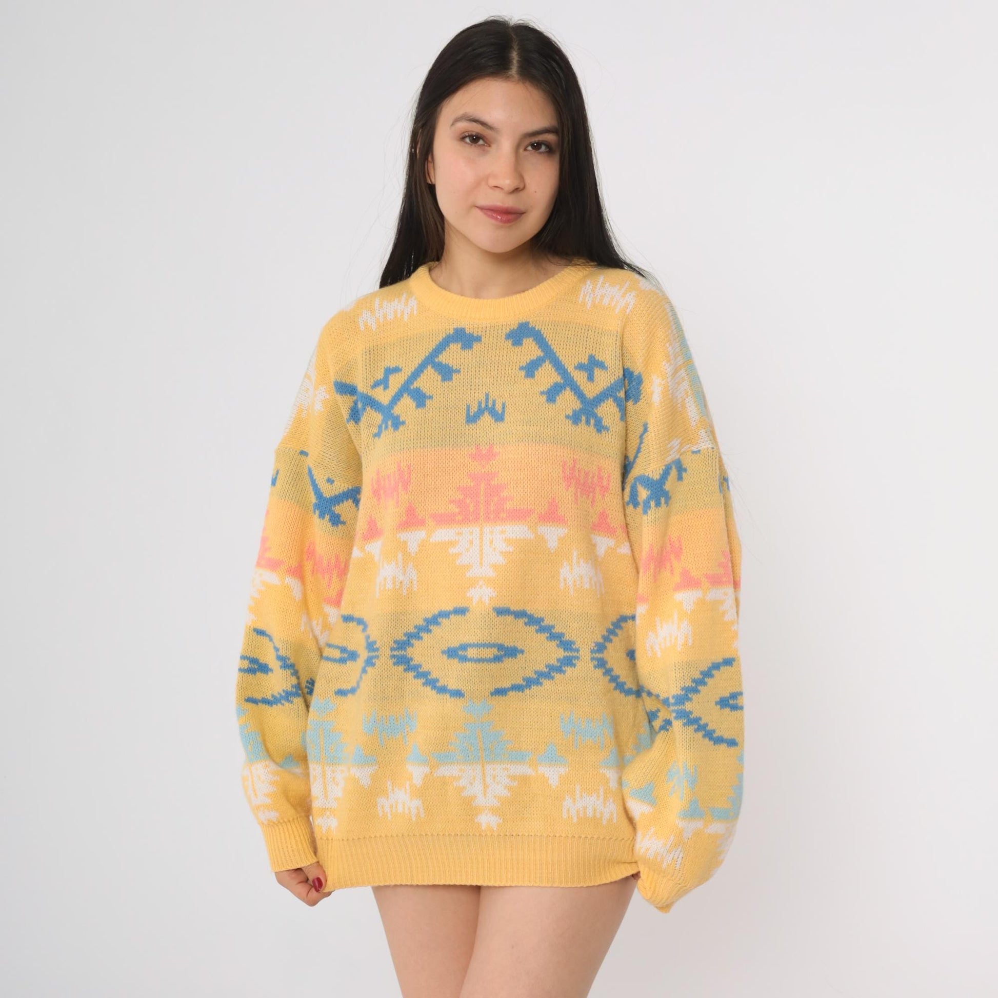 90s Joan Harper Geometric Tribal Sweater Yellow Blue Pink Large L