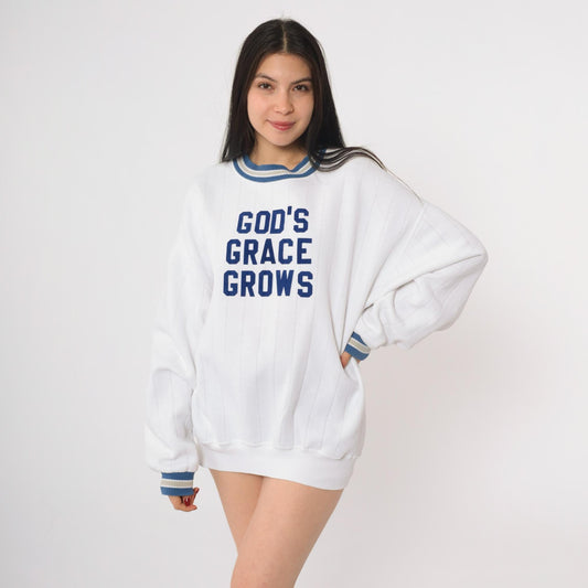 90s Jerzees God's Grace Grows Christian Sweatshirt White Navy Extra Large XL