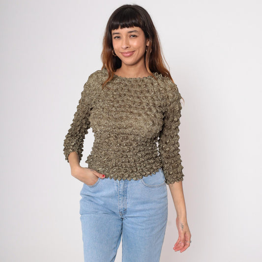 Y2K Green Popcorn Texture Short Sleeve Blouse XS-XL
