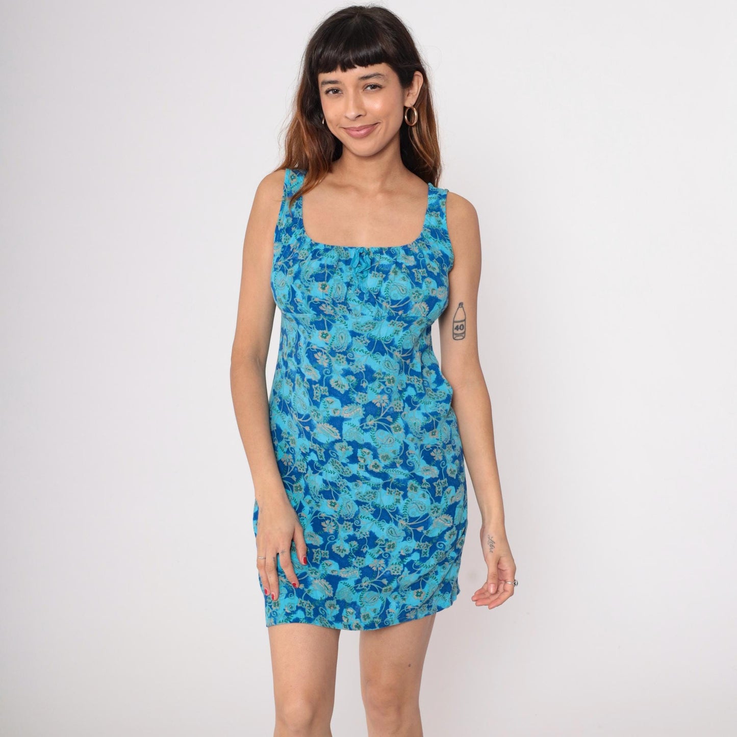 90s Tickets Clothing Mini Dress Tank Square Neck Blue Paisley Medium