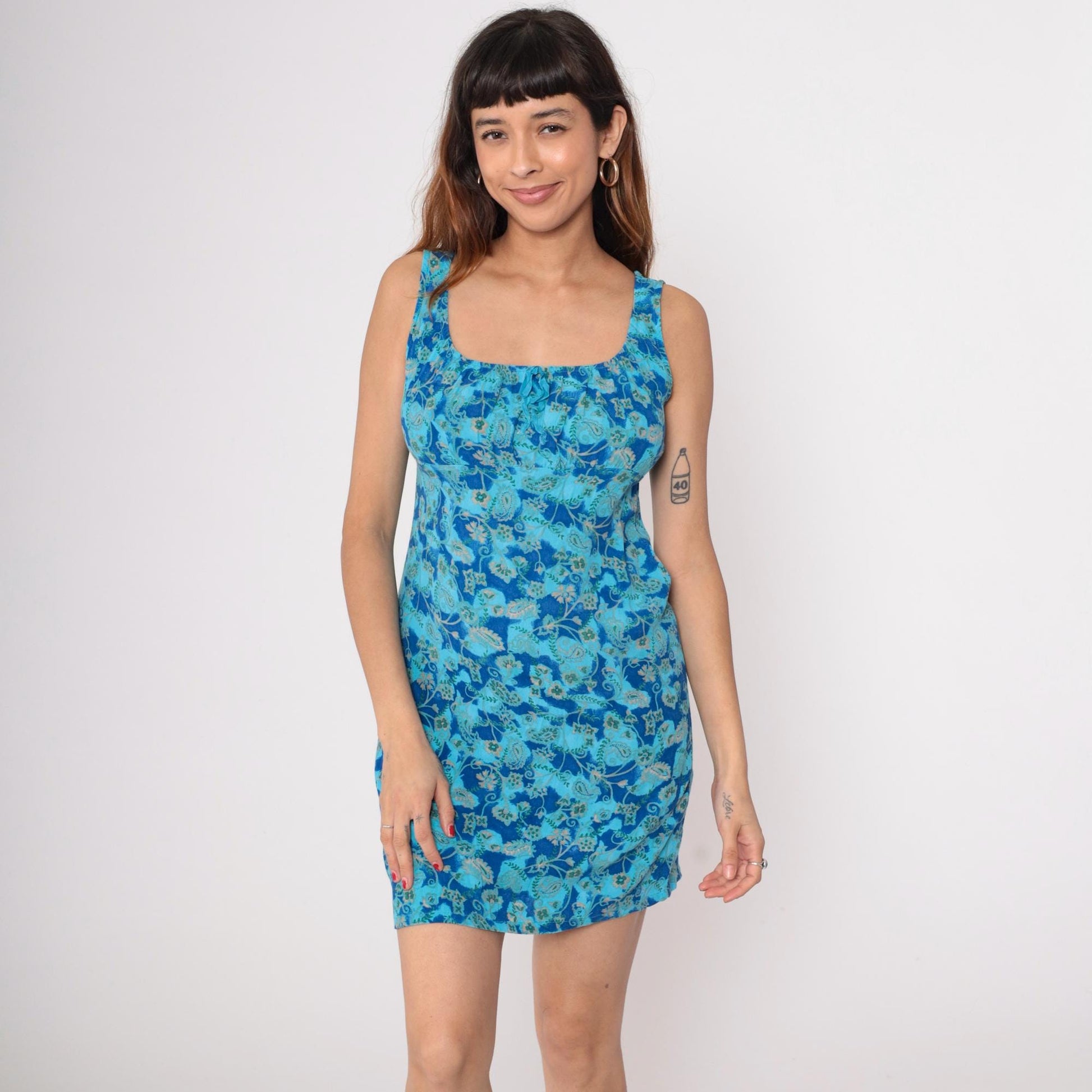 90s Tickets Clothing Mini Dress Tank Square Neck Blue Paisley Medium