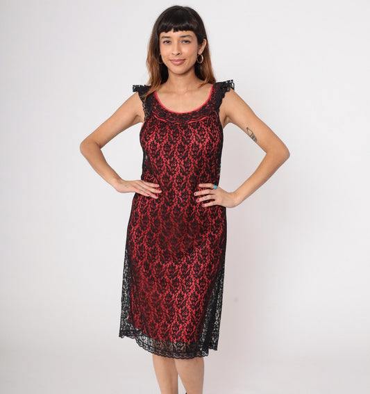 80s Red Black Lace Slip Dress Midi Sleeveless Scoop Neckline Medium M