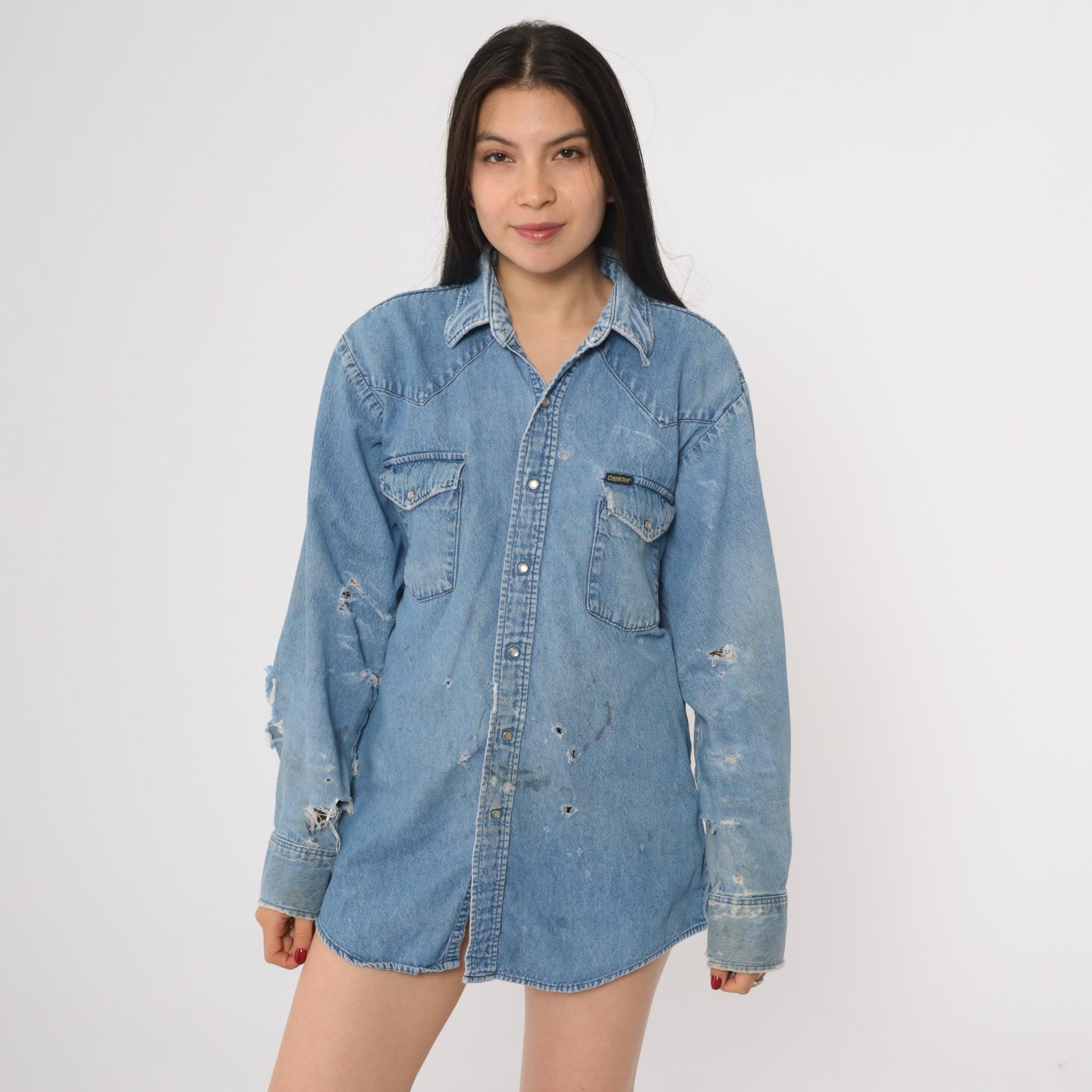 90s Osh Kosh B'Gosh Denim Shirt Distressed Ripped Frayed Blue Medium