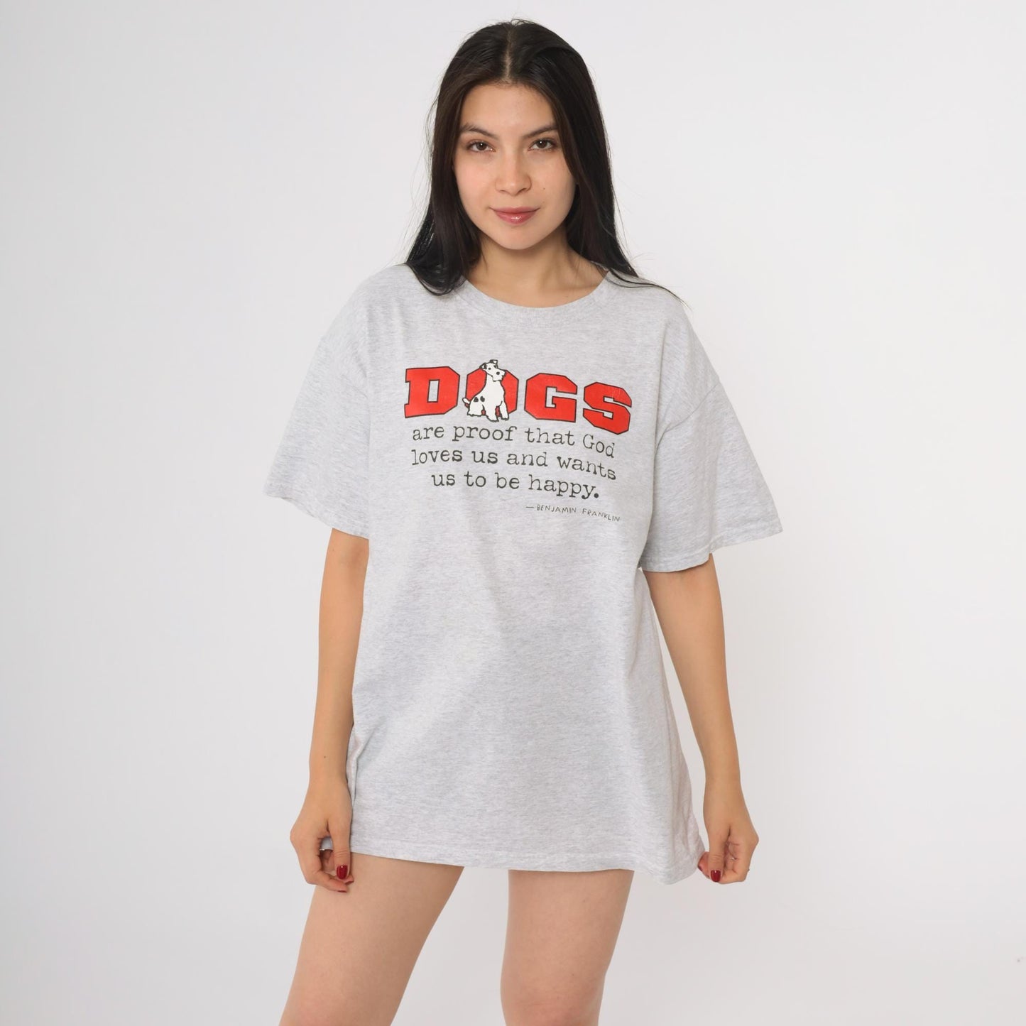 90s Fruit of the Loom Dog Graphic T-Shirt Benjamin Franklin Quote Grey Large
