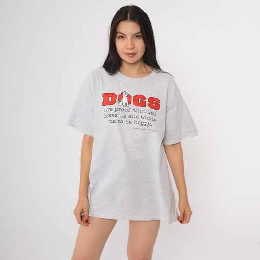 90s Fruit of the Loom Dog Graphic T-Shirt Benjamin Franklin Quote Grey Large