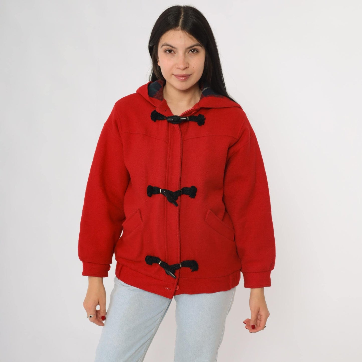 70s Woolrich Red Wool Duffle Coat Hooded Toggle Closures Plaid Lining Small