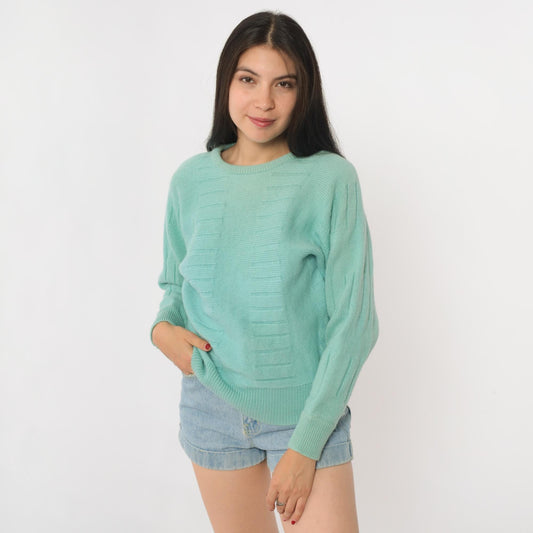 80s Kaelin Mint Green Wool Crew Neck Pullover Textured Knit Small S