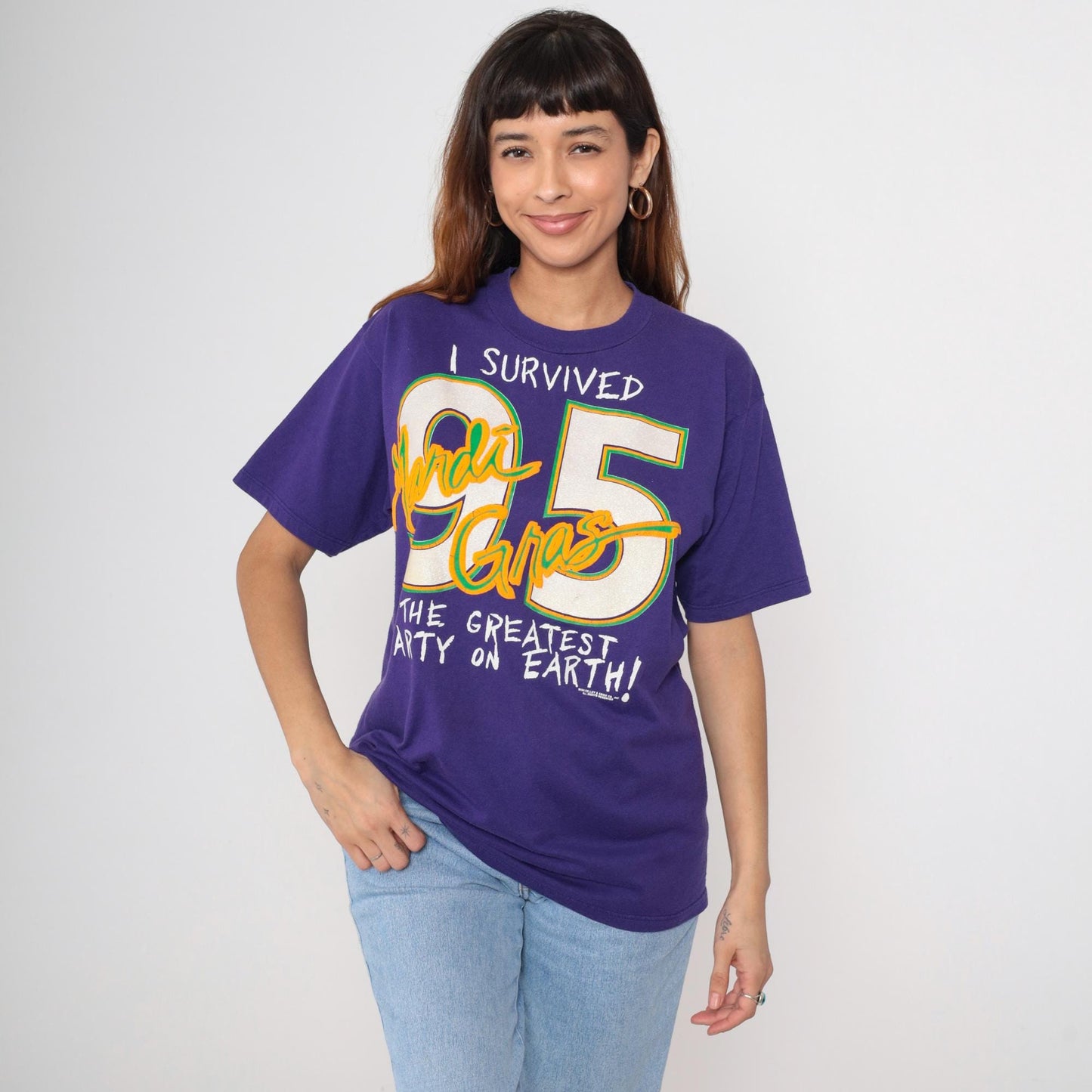 90s Mardi Gras 1995 Novelty Tee Purple Graphic Crewneck Large L
