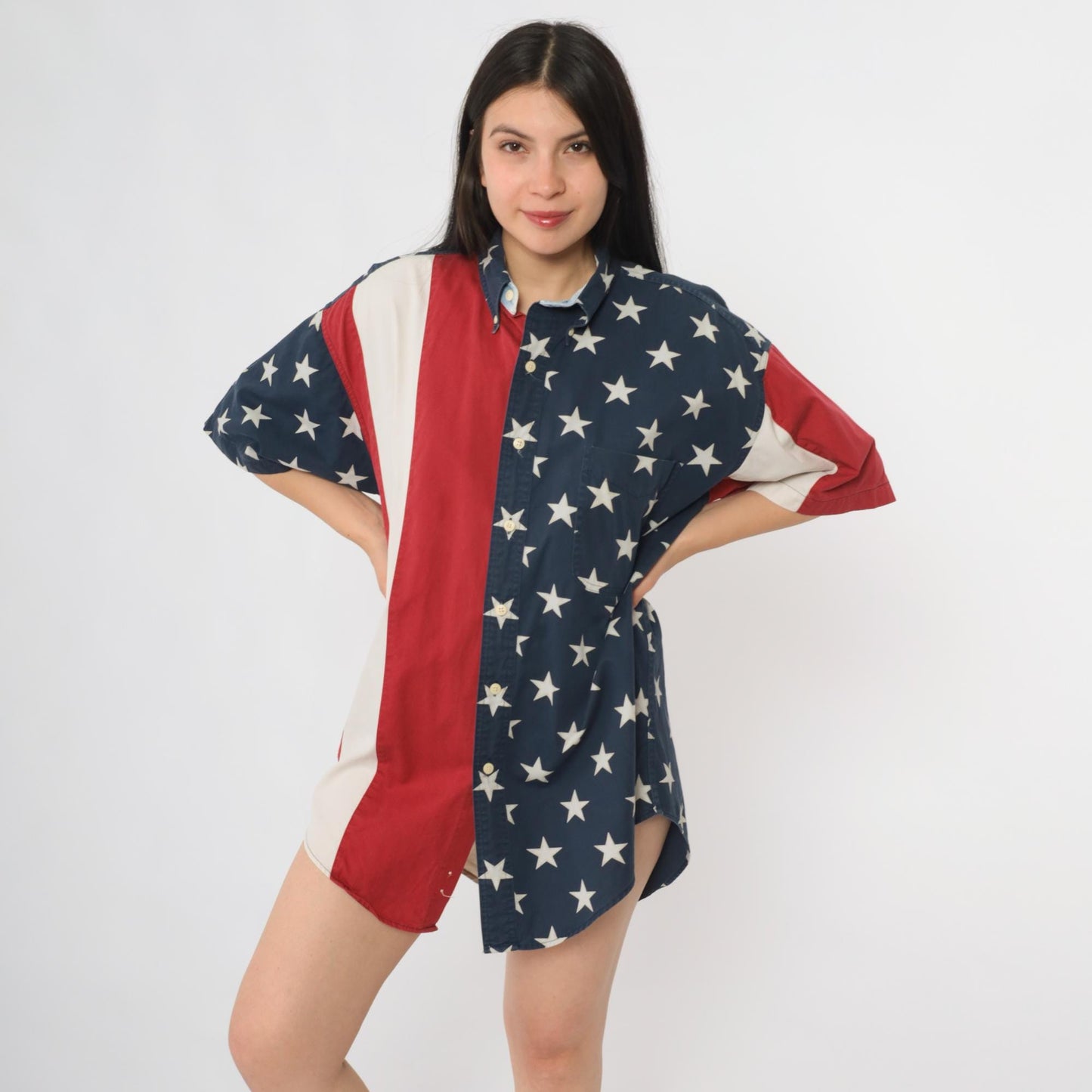 Y2K Chaps Ralph Lauren American Flag Button Up Shirt Cotton Medium M
