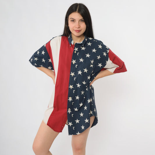 Y2K Chaps Ralph Lauren American Flag Button Up Shirt Cotton Medium M