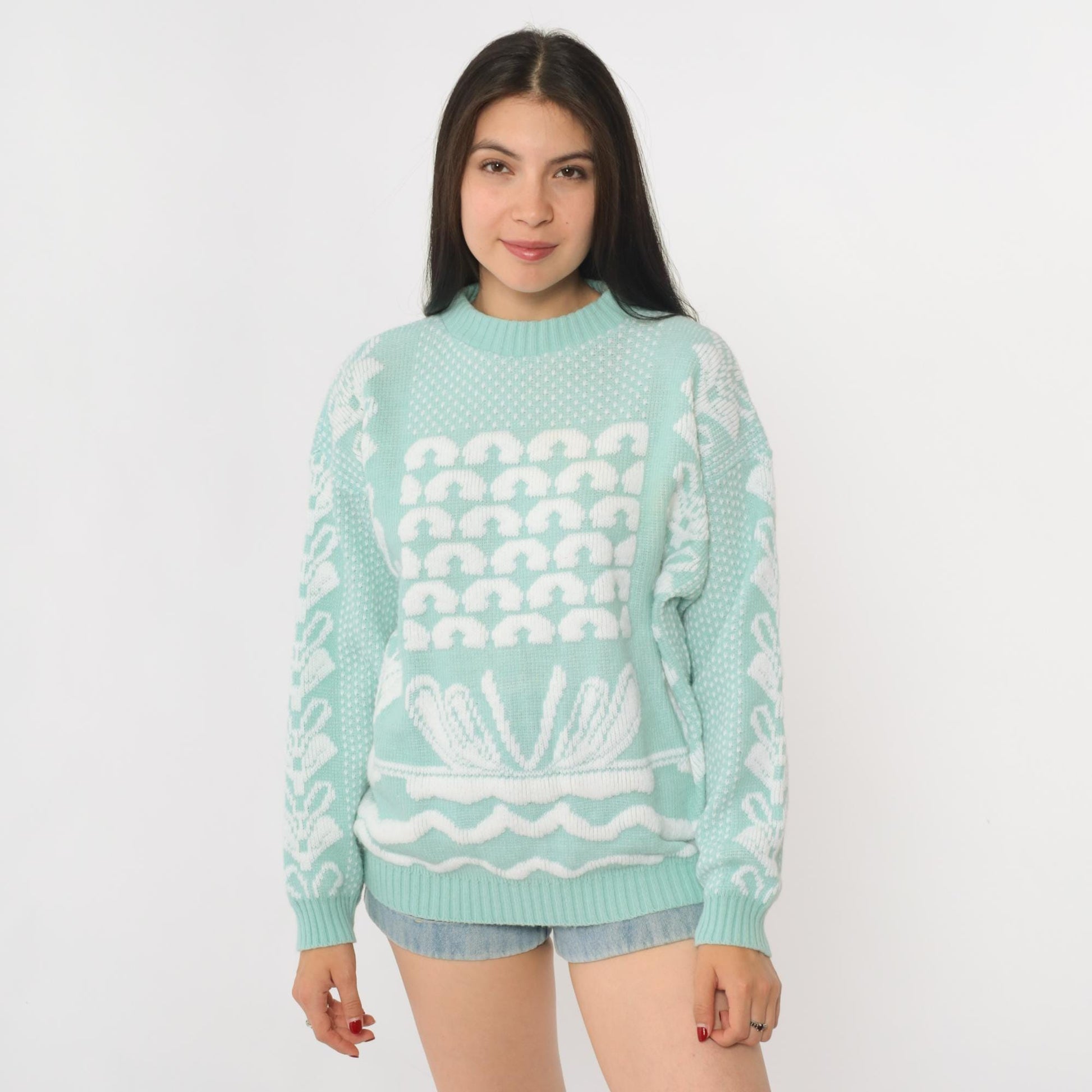 80s Mint Green Geometric Knit Sweater Crewneck Pullover Medium Petite