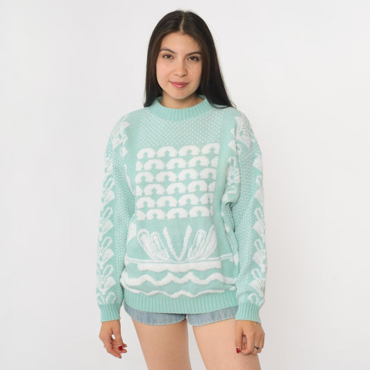 80s Mint Green Geometric Knit Sweater Crewneck Pullover Medium Petite