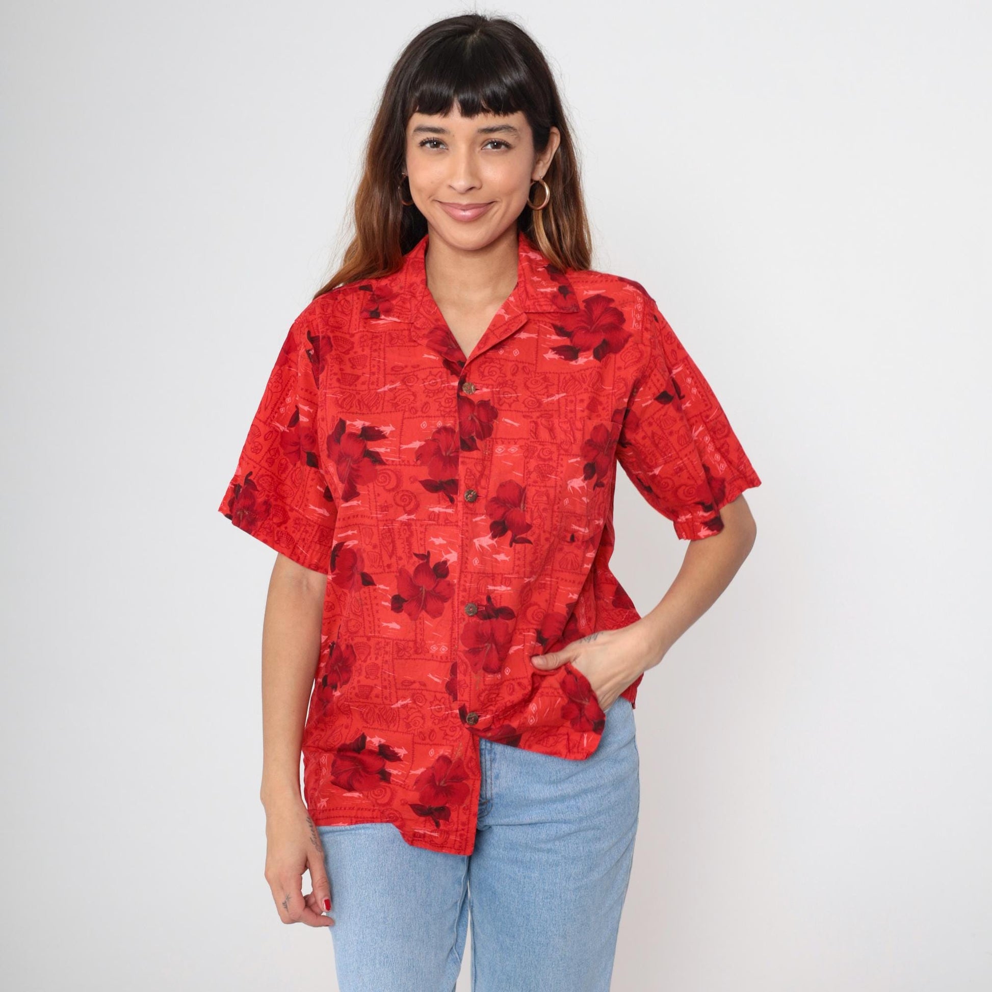 70s Hawaiian Shirt Red Floral Hibiscus Fish Print Cotton Button Up Medium