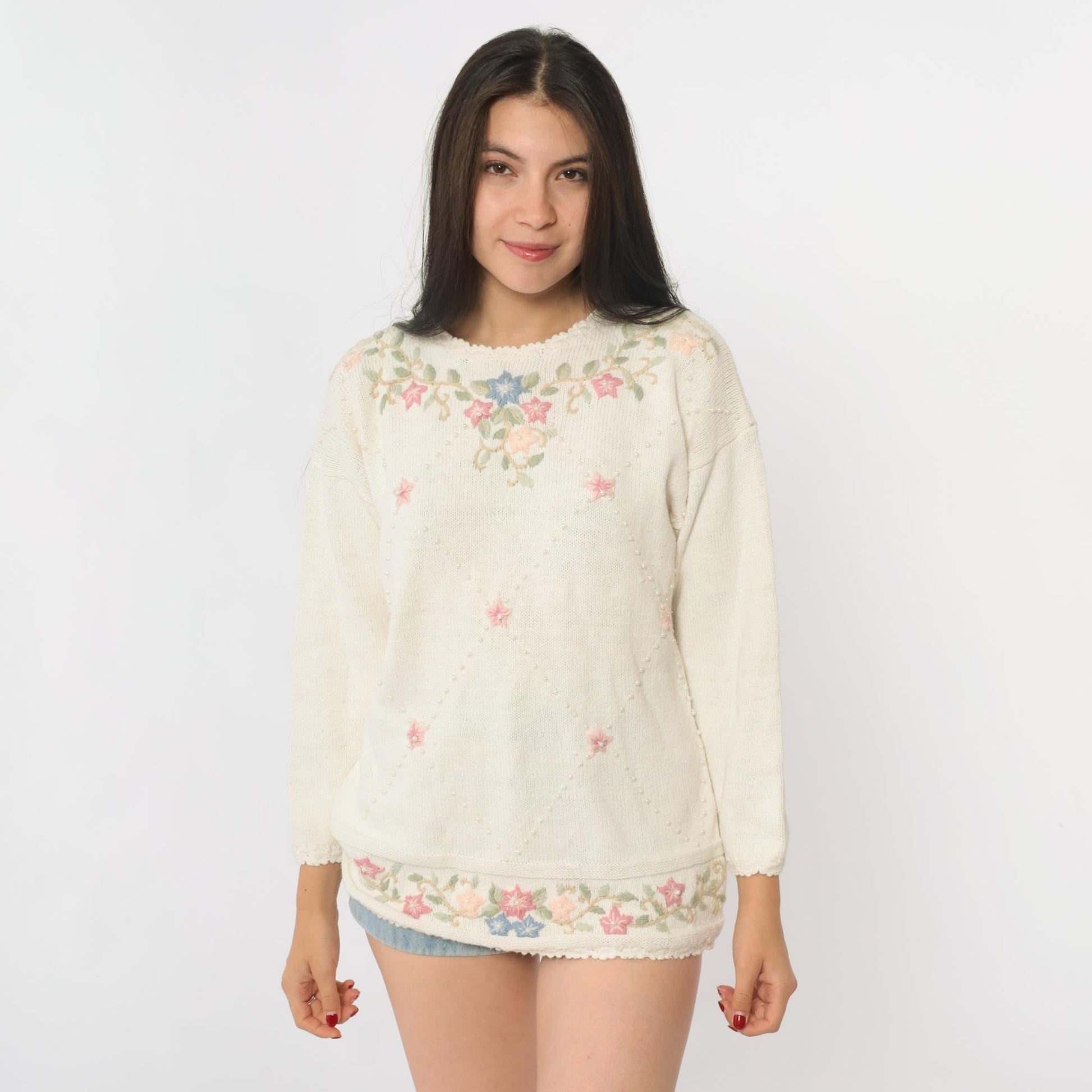 90s Carolyn Taylor Cream Floral Embroidered Sweater Small S