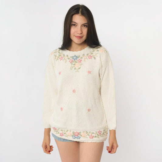 90s Carolyn Taylor Cream Floral Embroidered Sweater Small S