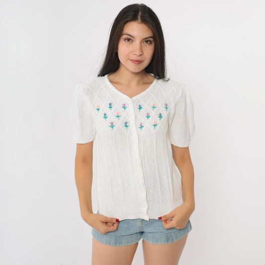 80s Astorone White Cardigan Short Sleeve Embroidered Floral V-Neck Medium M