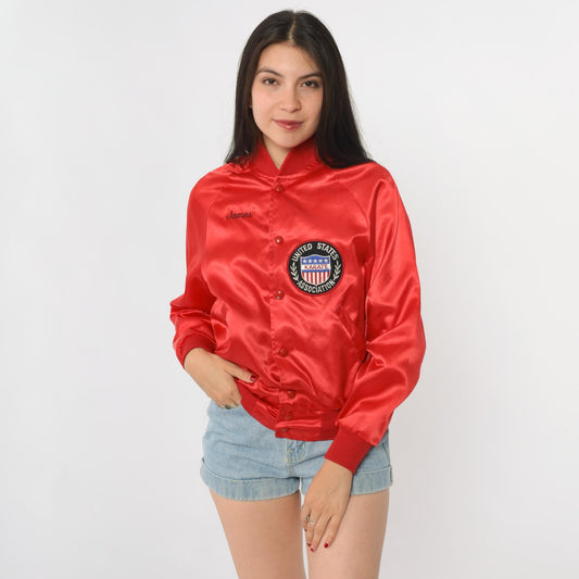 90s Capricorn Red Satin Bomber Jacket Karate Patch Medium