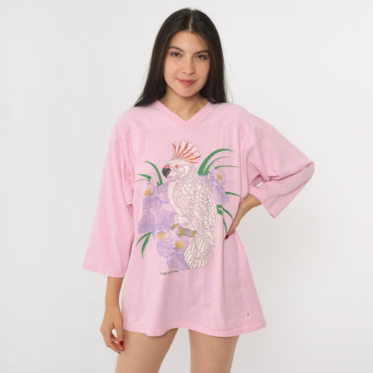 90s Miller Pink Cockatoo Bird V-Neck Shirt Three Quarter Sleeve Large L