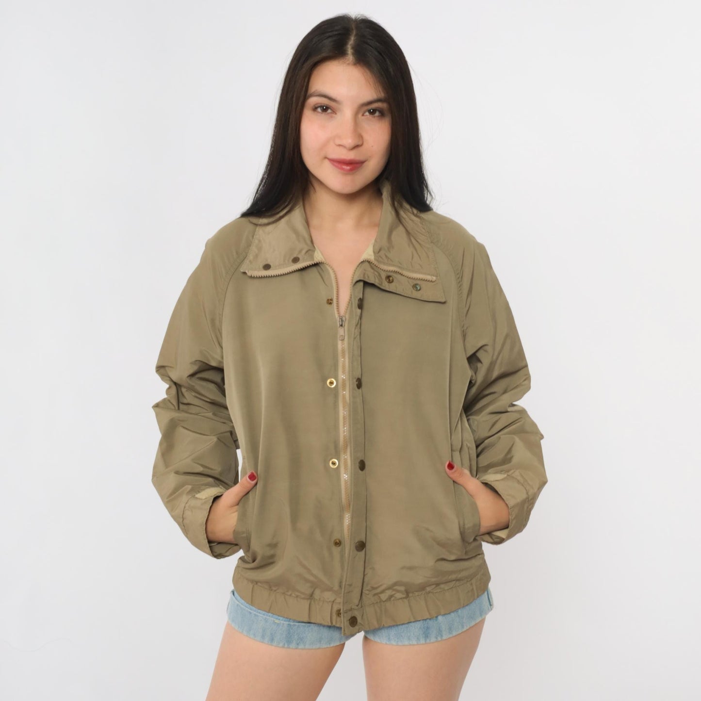 LL Bean Khaki Bomber Jacket 90s Zip Front Utility Flight Windbreaker Small