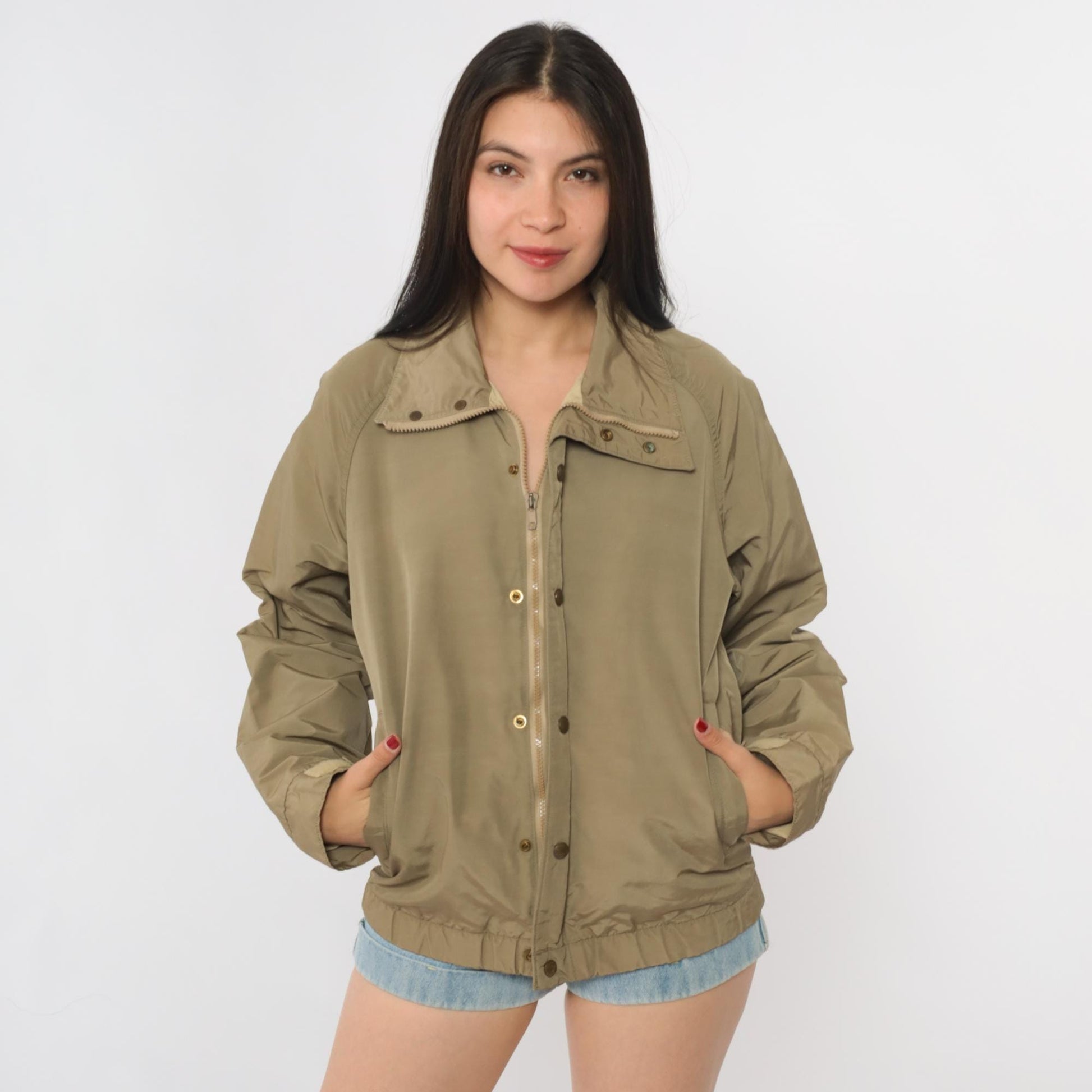LL Bean Khaki Bomber Jacket 90s Zip Front Utility Flight Windbreaker Small