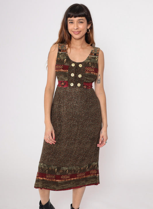 90s Patchwork Midi Dress Tribal Print Button Front Sleeveless Small S