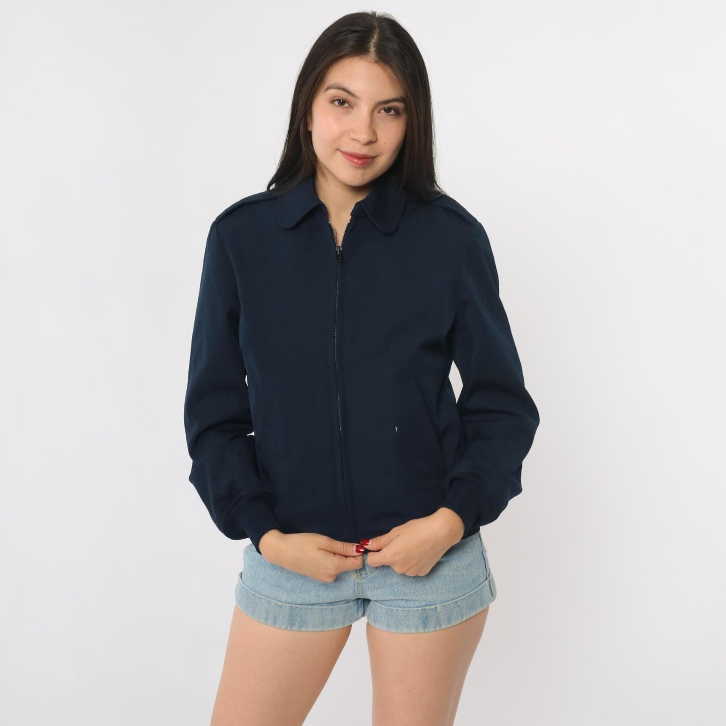 Y2K Navy Bomber Jacket Wool Blend Zip Front Ribbed Cuffs Small S
