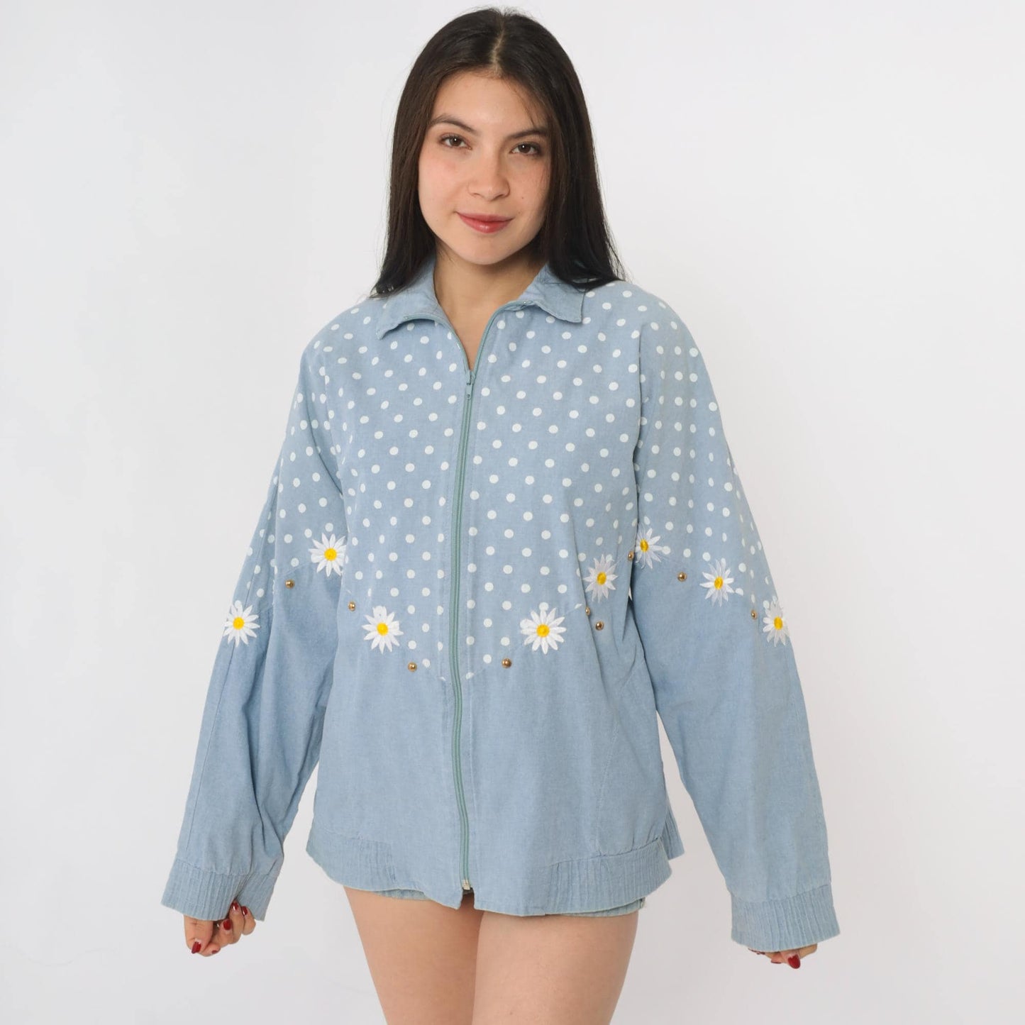 90s Gepetto Blue Polka Dot Daisy Embroidered Cotton Jacket Small