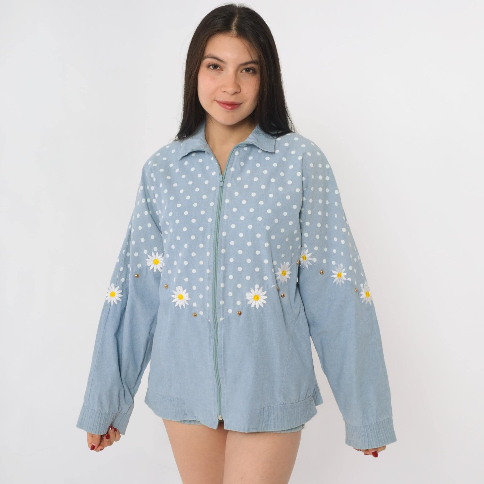 90s Gepetto Blue Polka Dot Daisy Embroidered Cotton Jacket Small