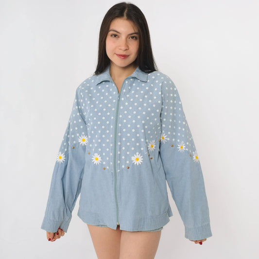 90s Gepetto Blue Polka Dot Daisy Embroidered Cotton Jacket Small