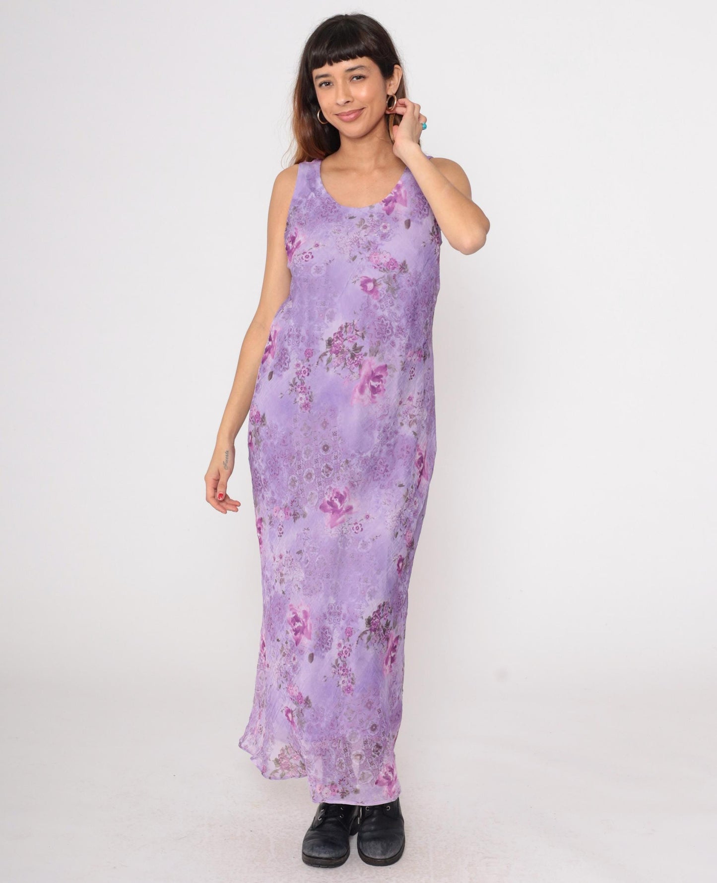 90s K Studio Lavender Floral Maxi Dress Sleeveless V-Neck Chiffon Large