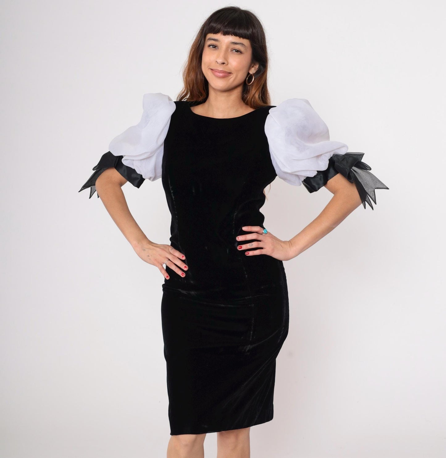 80s Rimini Black Velvet Midi Dress Puff Sleeves White Bow Ties Medium